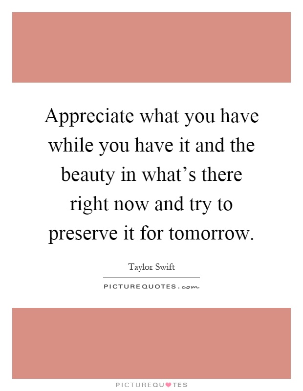Appreciate what you have while you have it and the beauty in what's there right now and try to preserve it for tomorrow Picture Quote #1