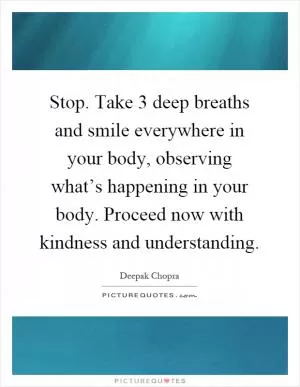 Stop. Take 3 deep breaths and smile everywhere in your body, observing what’s happening in your body. Proceed now with kindness and understanding Picture Quote #1