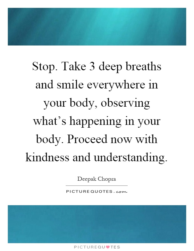 Stop. Take 3 deep breaths and smile everywhere in your body, observing what's happening in your body. Proceed now with kindness and understanding Picture Quote #1