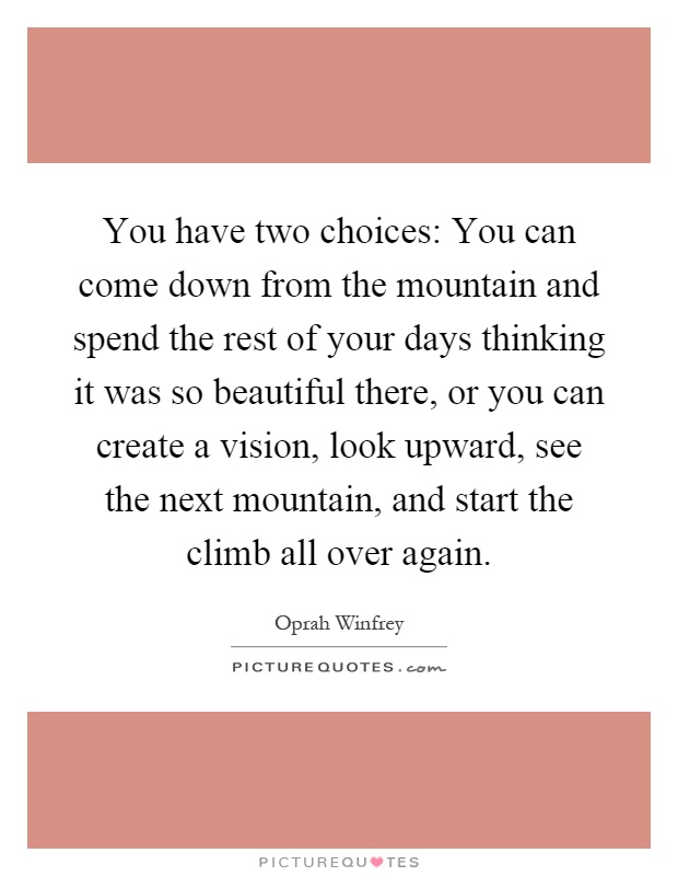 You have two choices: You can come down from the mountain and spend the rest of your days thinking it was so beautiful there, or you can create a vision, look upward, see the next mountain, and start the climb all over again Picture Quote #1