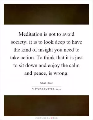 Meditation is not to avoid society; it is to look deep to have the kind of insight you need to take action. To think that it is just to sit down and enjoy the calm and peace, is wrong Picture Quote #1