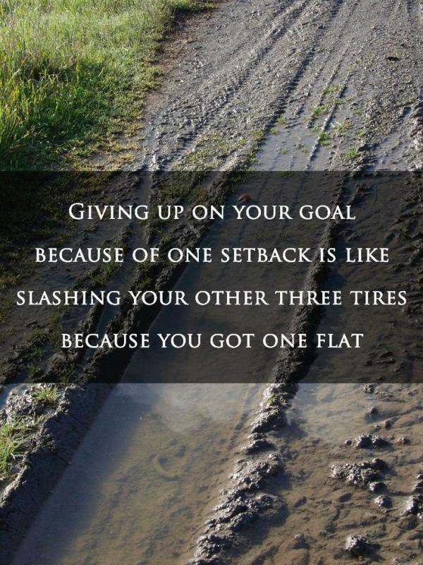 Giving up on your goal because of a setback is like slashing your other three tires because you got one flat Picture Quote #1