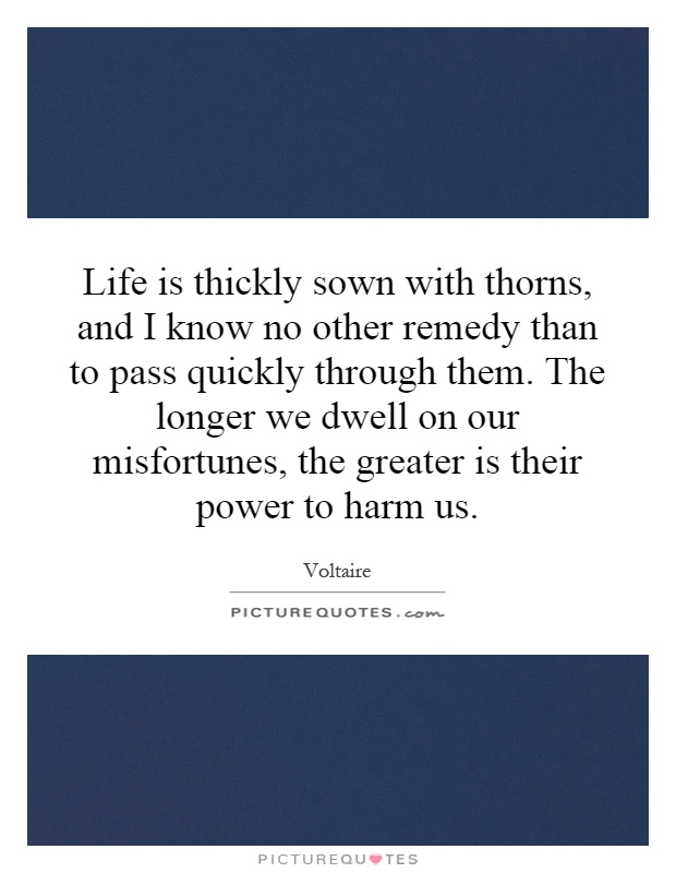 Life is thickly sown with thorns, and I know no other remedy than to pass quickly through them. The longer we dwell on our misfortunes, the greater is their power to harm us Picture Quote #1
