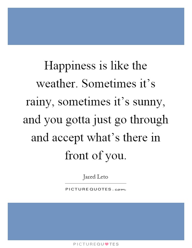 Happiness is like the weather. Sometimes it's rainy, sometimes it's sunny, and you gotta just go through and accept what's there in front of you Picture Quote #1