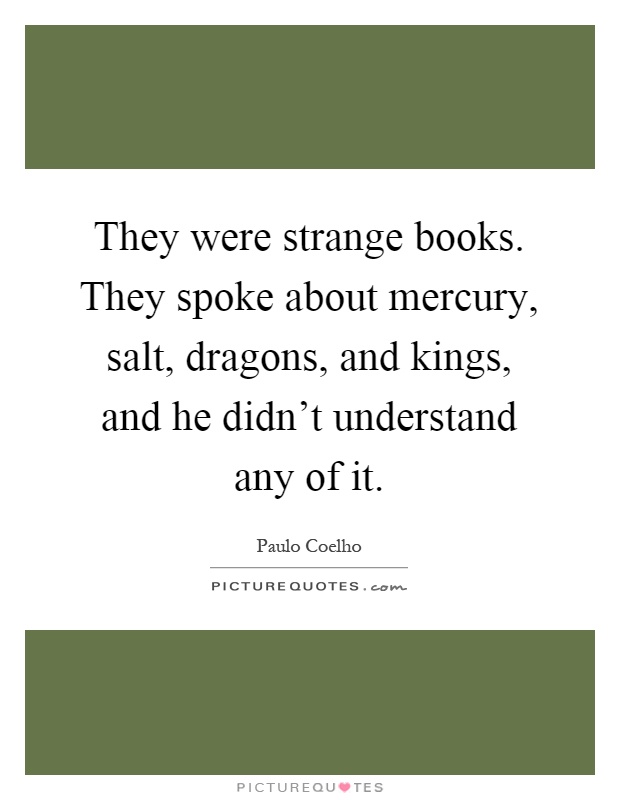 They were strange books. They spoke about mercury, salt, dragons, and kings, and he didn't understand any of it Picture Quote #1