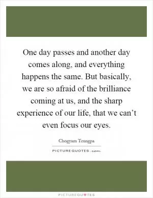 One day passes and another day comes along, and everything happens the same. But basically, we are so afraid of the brilliance coming at us, and the sharp experience of our life, that we can’t even focus our eyes Picture Quote #1