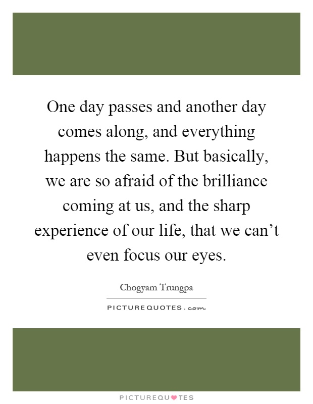 One day passes and another day comes along, and everything happens the same. But basically, we are so afraid of the brilliance coming at us, and the sharp experience of our life, that we can't even focus our eyes Picture Quote #1