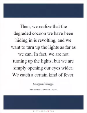 Then, we realize that the degraded cocoon we have been hiding in is revolting, and we want to turn up the lights as far as we can. In fact, we are not turning up the lights, but we are simply opening our eyes wider. We catch a certain kind of fever Picture Quote #1