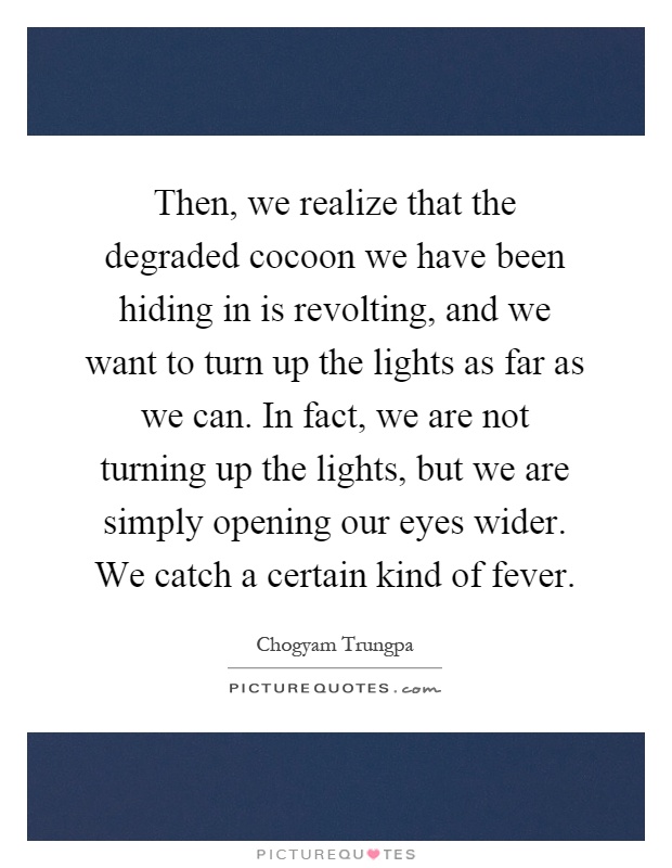 Then, we realize that the degraded cocoon we have been hiding in is revolting, and we want to turn up the lights as far as we can. In fact, we are not turning up the lights, but we are simply opening our eyes wider. We catch a certain kind of fever Picture Quote #1