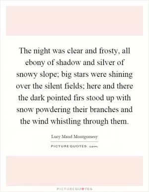 The night was clear and frosty, all ebony of shadow and silver of snowy slope; big stars were shining over the silent fields; here and there the dark pointed firs stood up with snow powdering their branches and the wind whistling through them Picture Quote #1
