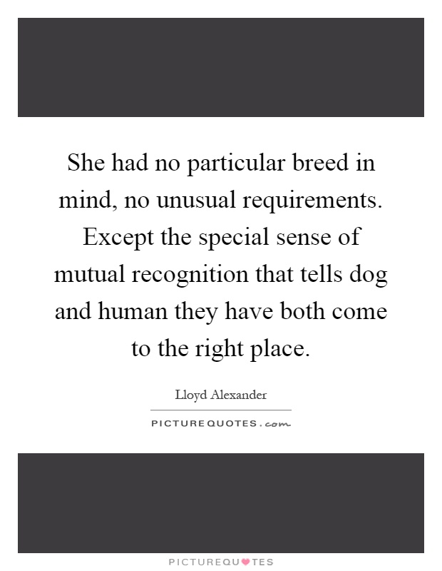 She had no particular breed in mind, no unusual requirements. Except the special sense of mutual recognition that tells dog and human they have both come to the right place Picture Quote #1