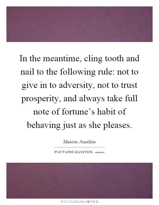 In the meantime, cling tooth and nail to the following rule: not to give in to adversity, not to trust prosperity, and always take full note of fortune's habit of behaving just as she pleases Picture Quote #1