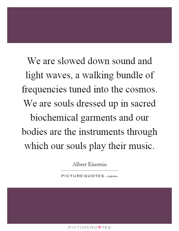 We are slowed down sound and light waves, a walking bundle of frequencies tuned into the cosmos. We are souls dressed up in sacred biochemical garments and our bodies are the instruments through which our souls play their music Picture Quote #1
