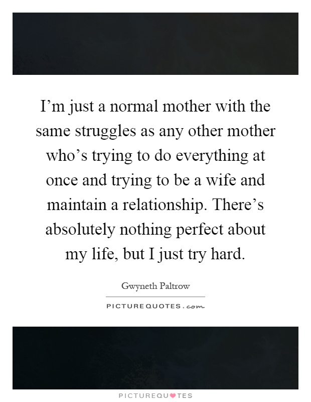 I'm just a normal mother with the same struggles as any other mother who's trying to do everything at once and trying to be a wife and maintain a relationship. There's absolutely nothing perfect about my life, but I just try hard Picture Quote #1