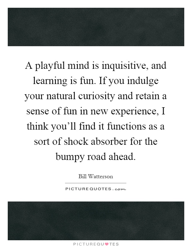 A playful mind is inquisitive, and learning is fun. If you indulge your natural curiosity and retain a sense of fun in new experience, I think you'll find it functions as a sort of shock absorber for the bumpy road ahead Picture Quote #1