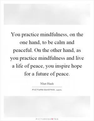 You practice mindfulness, on the one hand, to be calm and peaceful. On the other hand, as you practice mindfulness and live a life of peace, you inspire hope for a future of peace Picture Quote #1