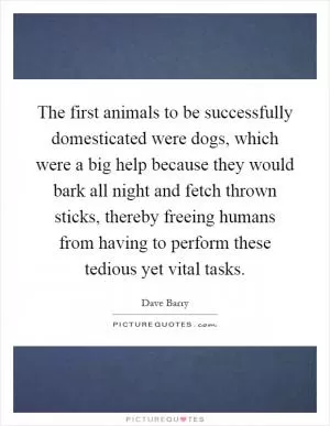 The first animals to be successfully domesticated were dogs, which were a big help because they would bark all night and fetch thrown sticks, thereby freeing humans from having to perform these tedious yet vital tasks Picture Quote #1