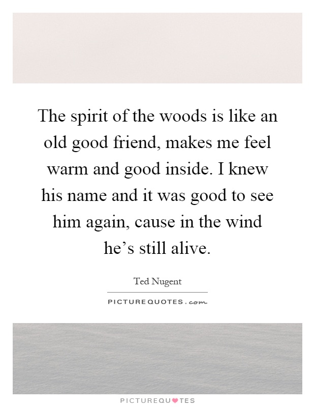 The spirit of the woods is like an old good friend, makes me feel warm and good inside. I knew his name and it was good to see him again, cause in the wind he's still alive Picture Quote #1