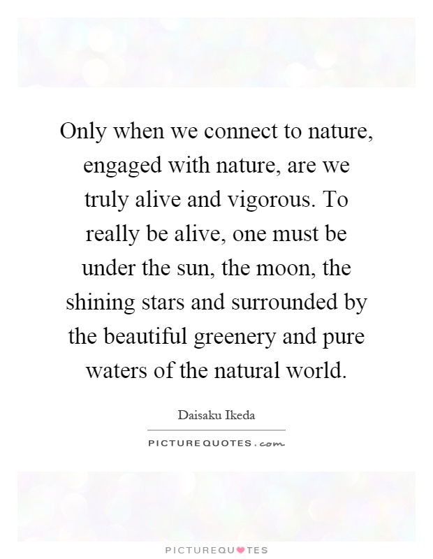 Only when we connect to nature, engaged with nature, are we truly alive and vigorous. To really be alive, one must be under the sun, the moon, the shining stars and surrounded by the beautiful greenery and pure waters of the natural world Picture Quote #1