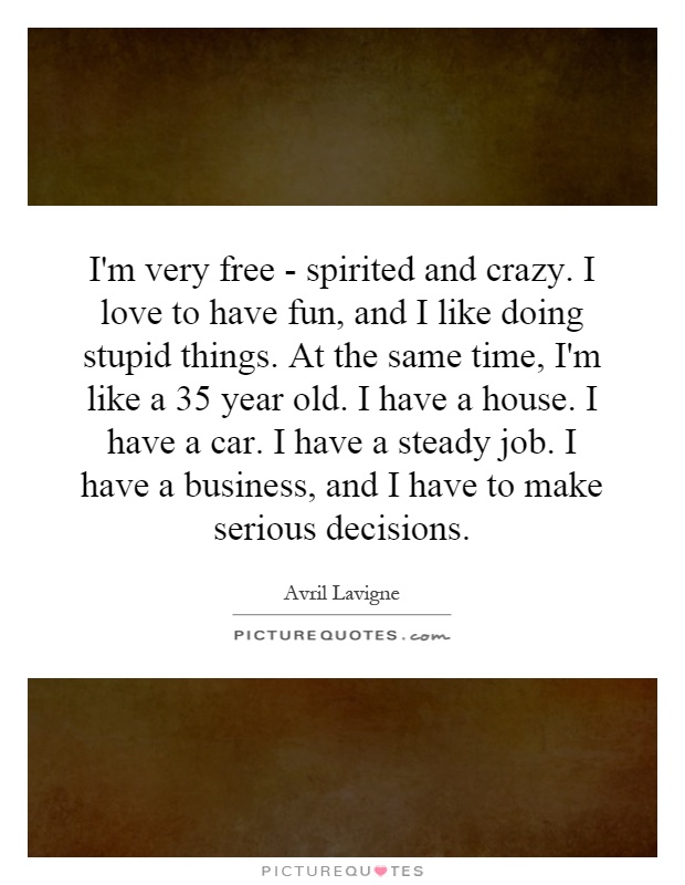 I'm very free - spirited and crazy. I love to have fun, and I like doing stupid things. At the same time, I'm like a 35 year old. I have a house. I have a car. I have a steady job. I have a business, and I have to make serious decisions Picture Quote #1