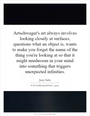 Artschwager's art always involves looking closely at surfaces, questions what an object is, wants to make you forget the name of the thing you're looking at so that it might mushroom in your mind into something that triggers unexpected infinities Picture Quote #1