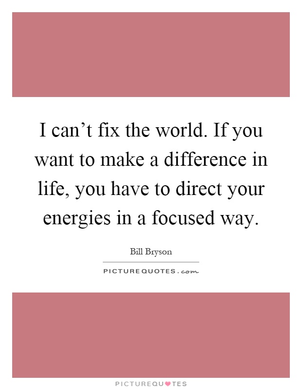 I can't fix the world. If you want to make a difference in life, you have to direct your energies in a focused way Picture Quote #1