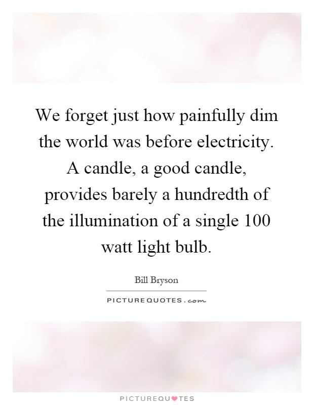 We forget just how painfully dim the world was before electricity. A candle, a good candle, provides barely a hundredth of the illumination of a single 100 watt light bulb Picture Quote #1