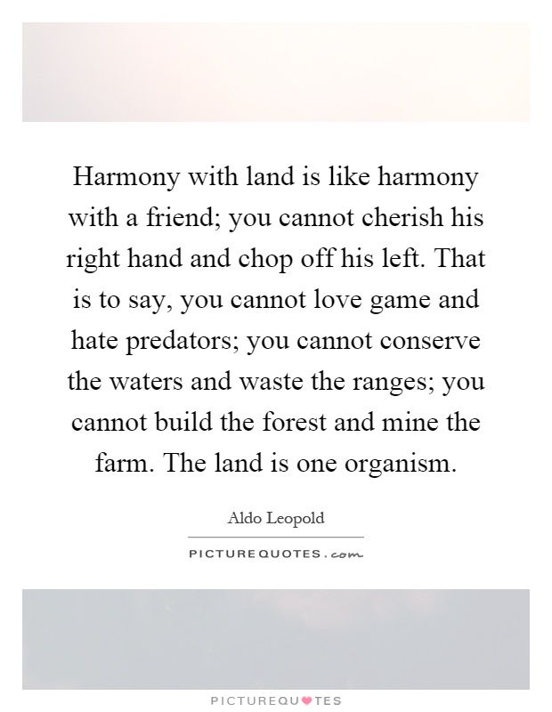 Harmony with land is like harmony with a friend; you cannot cherish his right hand and chop off his left. That is to say, you cannot love game and hate predators; you cannot conserve the waters and waste the ranges; you cannot build the forest and mine the farm. The land is one organism Picture Quote #1