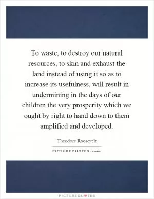 To waste, to destroy our natural resources, to skin and exhaust the land instead of using it so as to increase its usefulness, will result in undermining in the days of our children the very prosperity which we ought by right to hand down to them amplified and developed Picture Quote #1