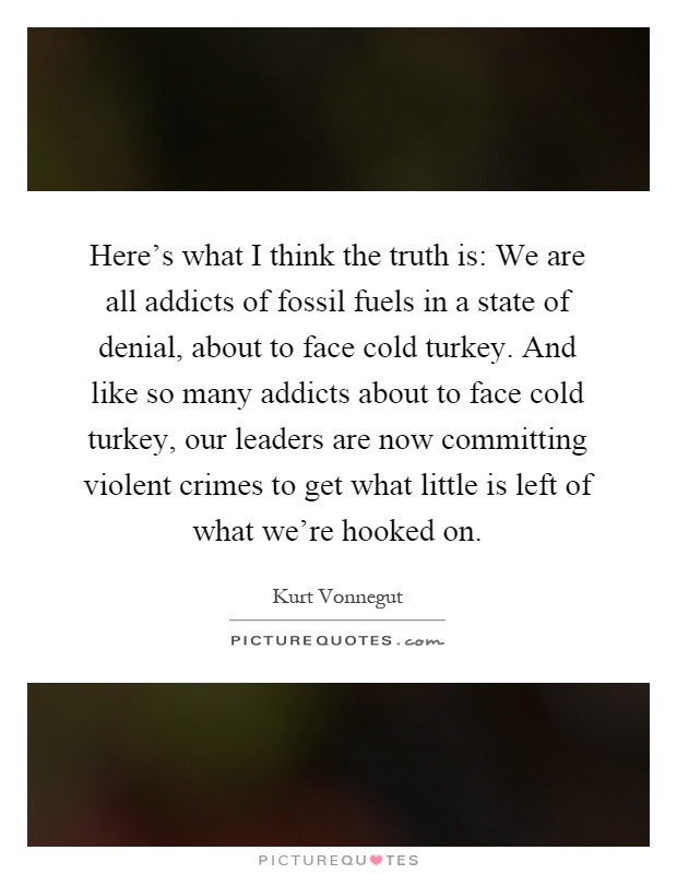 Here's what I think the truth is: We are all addicts of fossil fuels in a state of denial, about to face cold turkey. And like so many addicts about to face cold turkey, our leaders are now committing violent crimes to get what little is left of what we're hooked on Picture Quote #1