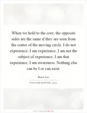 When we hold to the core, the opposite sides are the same if they are seen from the center of the moving circle. I do not experience; I am experience. I am not the subject of experience; I am that experience. I am awareness. Nothing else can be I or can exist Picture Quote #1
