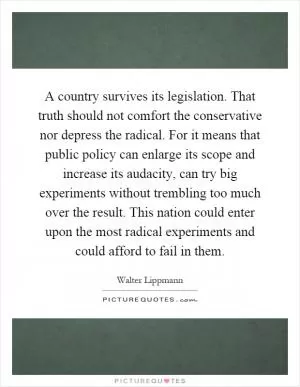 A country survives its legislation. That truth should not comfort the conservative nor depress the radical. For it means that public policy can enlarge its scope and increase its audacity, can try big experiments without trembling too much over the result. This nation could enter upon the most radical experiments and could afford to fail in them Picture Quote #1