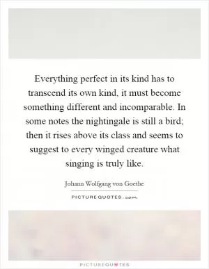 Everything perfect in its kind has to transcend its own kind, it must become something different and incomparable. In some notes the nightingale is still a bird; then it rises above its class and seems to suggest to every winged creature what singing is truly like Picture Quote #1