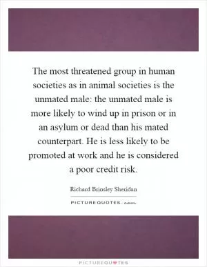 The most threatened group in human societies as in animal societies is the unmated male: the unmated male is more likely to wind up in prison or in an asylum or dead than his mated counterpart. He is less likely to be promoted at work and he is considered a poor credit risk Picture Quote #1