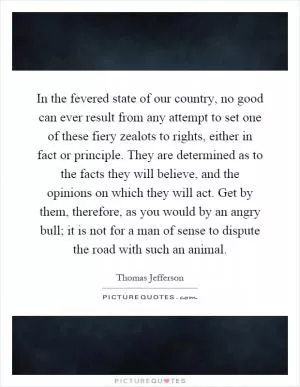 In the fevered state of our country, no good can ever result from any attempt to set one of these fiery zealots to rights, either in fact or principle. They are determined as to the facts they will believe, and the opinions on which they will act. Get by them, therefore, as you would by an angry bull; it is not for a man of sense to dispute the road with such an animal Picture Quote #1