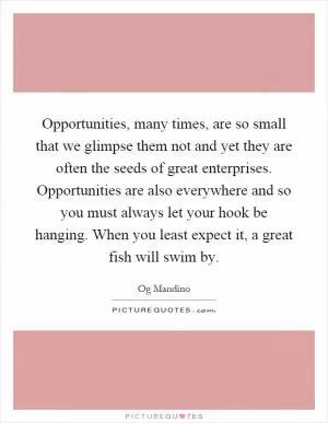 Opportunities, many times, are so small that we glimpse them not and yet they are often the seeds of great enterprises. Opportunities are also everywhere and so you must always let your hook be hanging. When you least expect it, a great fish will swim by Picture Quote #1