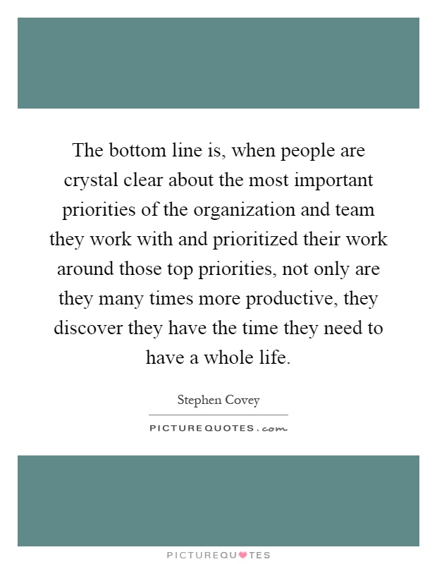 The bottom line is, when people are crystal clear about the most important priorities of the organization and team they work with and prioritized their work around those top priorities, not only are they many times more productive, they discover they have the time they need to have a whole life Picture Quote #1