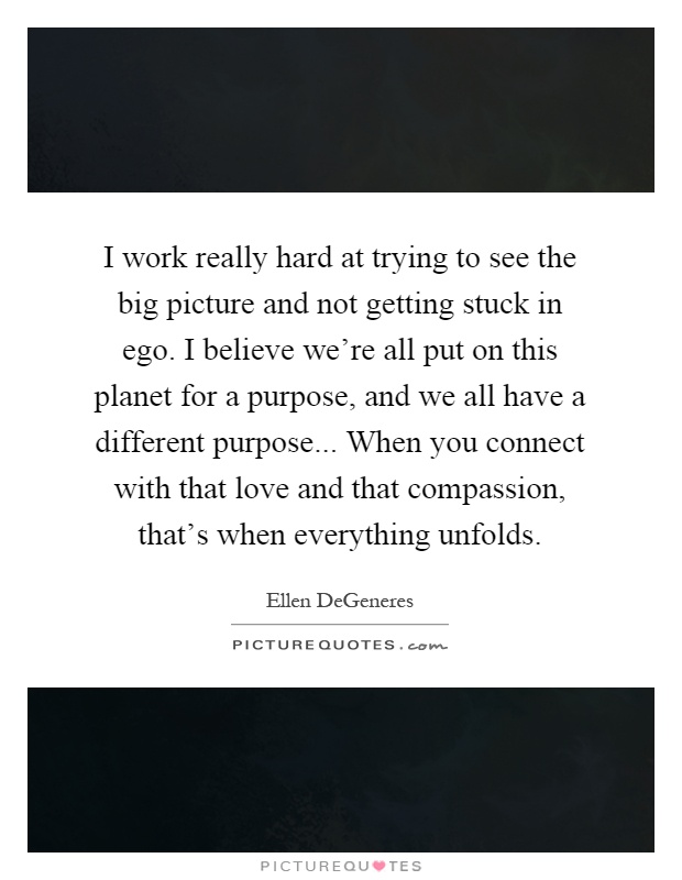I work really hard at trying to see the big picture and not getting stuck in ego. I believe we're all put on this planet for a purpose, and we all have a different purpose... When you connect with that love and that compassion, that's when everything unfolds Picture Quote #1