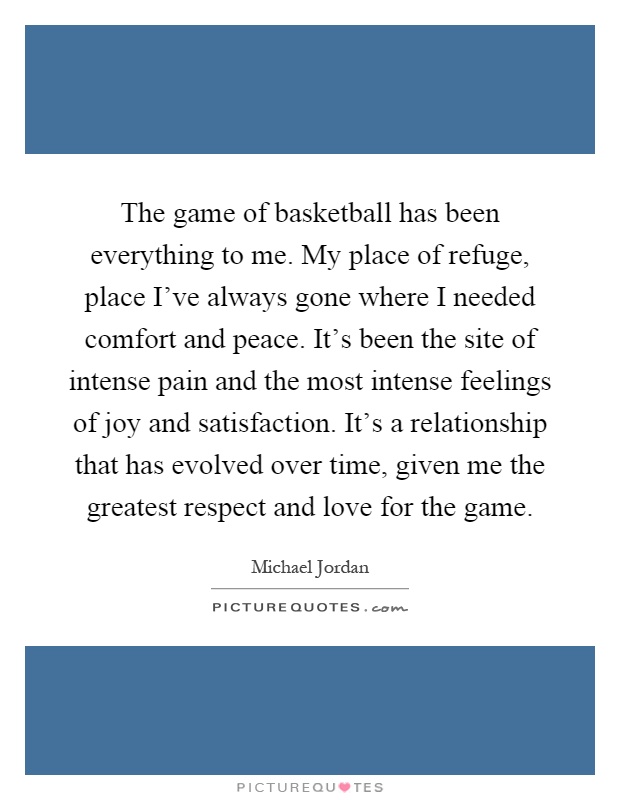 The game of basketball has been everything to me. My place of refuge, place I've always gone where I needed comfort and peace. It's been the site of intense pain and the most intense feelings of joy and satisfaction. It's a relationship that has evolved over time, given me the greatest respect and love for the game Picture Quote #1