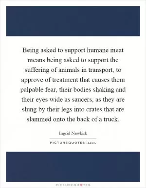 Being asked to support humane meat means being asked to support the suffering of animals in transport, to approve of treatment that causes them palpable fear, their bodies shaking and their eyes wide as saucers, as they are slung by their legs into crates that are slammed onto the back of a truck Picture Quote #1