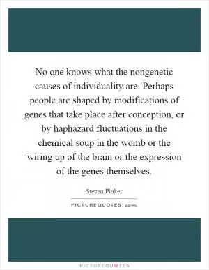 No one knows what the nongenetic causes of individuality are. Perhaps people are shaped by modifications of genes that take place after conception, or by haphazard fluctuations in the chemical soup in the womb or the wiring up of the brain or the expression of the genes themselves Picture Quote #1