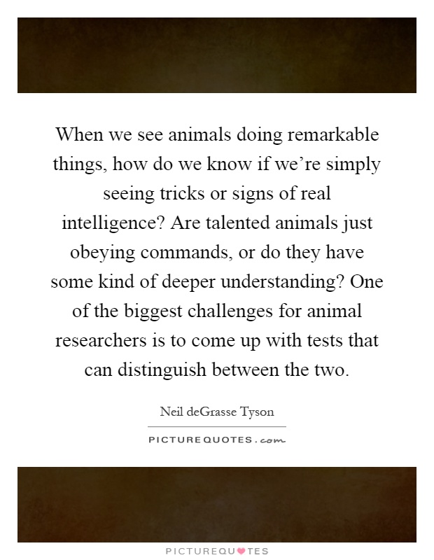 When we see animals doing remarkable things, how do we know if we're simply seeing tricks or signs of real intelligence? Are talented animals just obeying commands, or do they have some kind of deeper understanding? One of the biggest challenges for animal researchers is to come up with tests that can distinguish between the two Picture Quote #1
