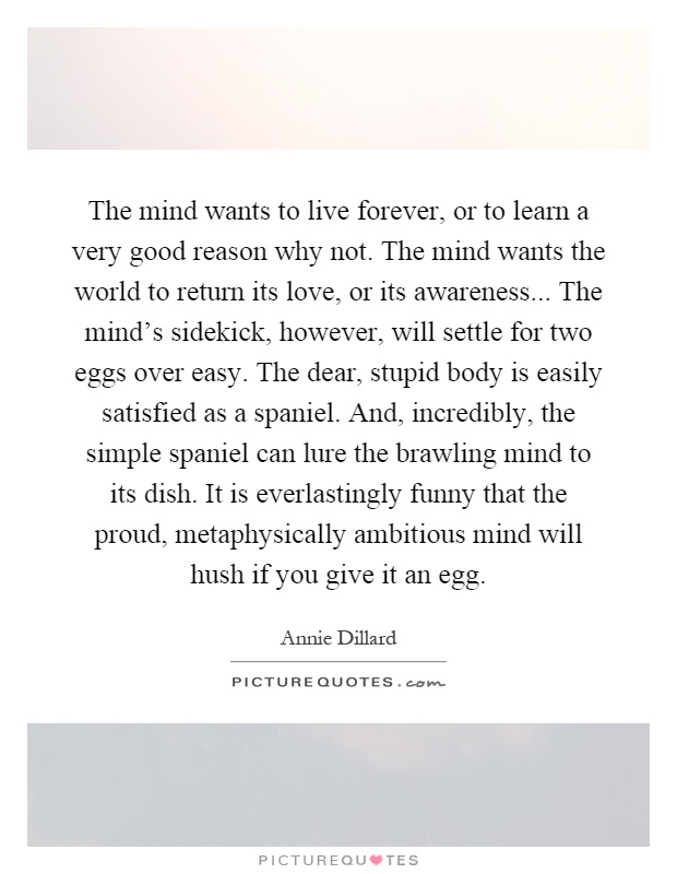 The mind wants to live forever, or to learn a very good reason why not. The mind wants the world to return its love, or its awareness... The mind's sidekick, however, will settle for two eggs over easy. The dear, stupid body is easily satisfied as a spaniel. And, incredibly, the simple spaniel can lure the brawling mind to its dish. It is everlastingly funny that the proud, metaphysically ambitious mind will hush if you give it an egg Picture Quote #1