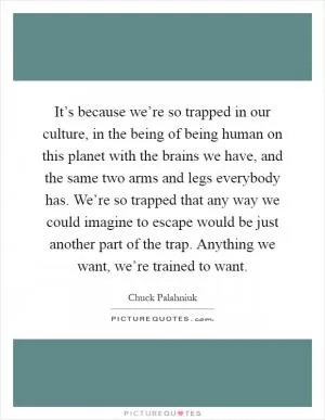 It’s because we’re so trapped in our culture, in the being of being human on this planet with the brains we have, and the same two arms and legs everybody has. We’re so trapped that any way we could imagine to escape would be just another part of the trap. Anything we want, we’re trained to want Picture Quote #1
