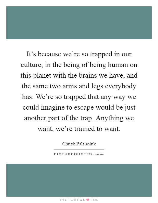 It's because we're so trapped in our culture, in the being of being human on this planet with the brains we have, and the same two arms and legs everybody has. We're so trapped that any way we could imagine to escape would be just another part of the trap. Anything we want, we're trained to want Picture Quote #1