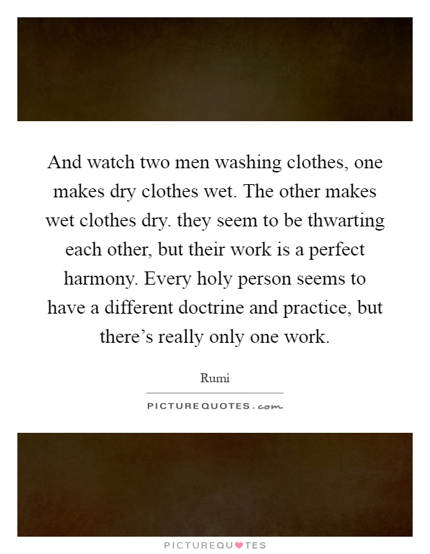And watch two men washing clothes, one makes dry clothes wet. The other makes wet clothes dry. they seem to be thwarting each other, but their work is a perfect harmony. Every holy person seems to have a different doctrine and practice, but there's really only one work Picture Quote #1