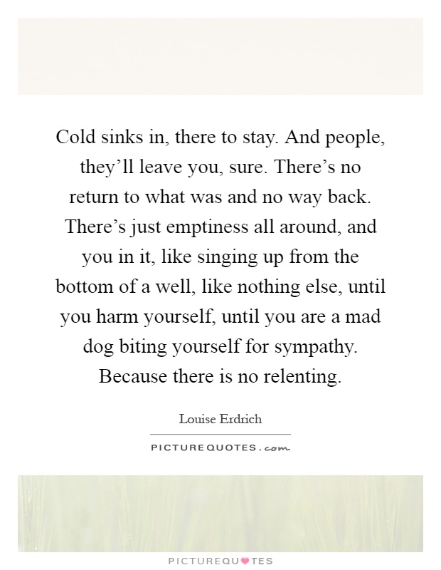 Cold sinks in, there to stay. And people, they'll leave you, sure. There's no return to what was and no way back. There's just emptiness all around, and you in it, like singing up from the bottom of a well, like nothing else, until you harm yourself, until you are a mad dog biting yourself for sympathy. Because there is no relenting Picture Quote #1