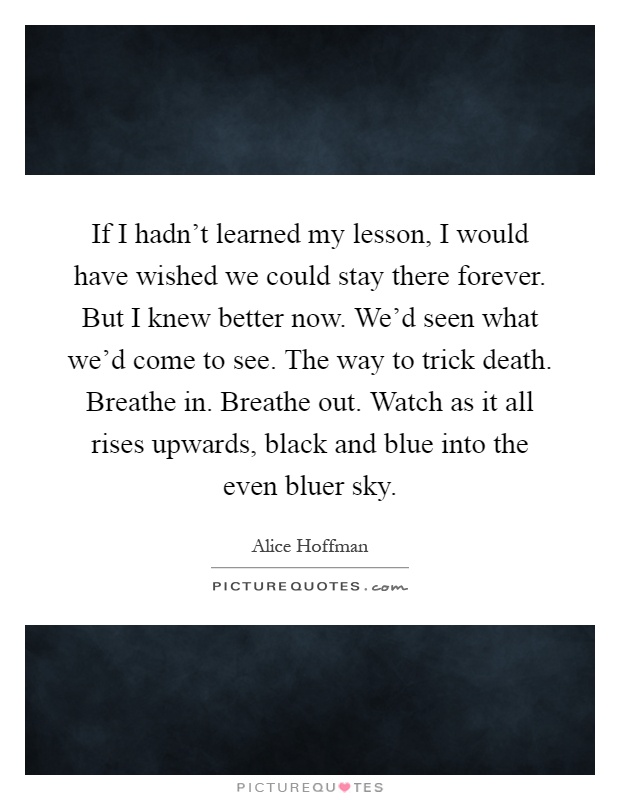 If I hadn't learned my lesson, I would have wished we could stay there forever. But I knew better now. We'd seen what we'd come to see. The way to trick death. Breathe in. Breathe out. Watch as it all rises upwards, black and blue into the even bluer sky Picture Quote #1
