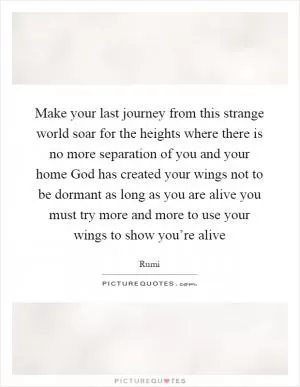 Make your last journey from this strange world soar for the heights where there is no more separation of you and your home God has created your wings not to be dormant as long as you are alive you must try more and more to use your wings to show you’re alive Picture Quote #1