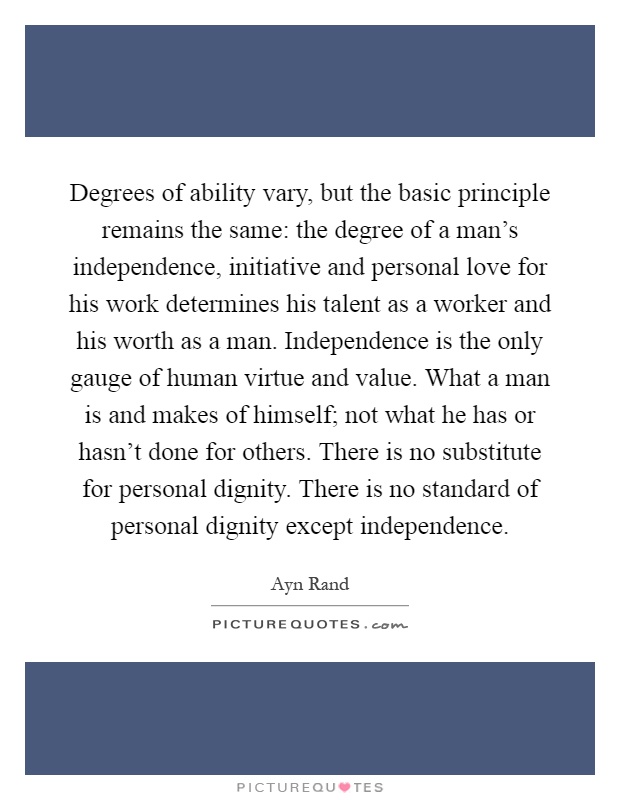 Degrees of ability vary, but the basic principle remains the same: the degree of a man's independence, initiative and personal love for his work determines his talent as a worker and his worth as a man. Independence is the only gauge of human virtue and value. What a man is and makes of himself; not what he has or hasn't done for others. There is no substitute for personal dignity. There is no standard of personal dignity except independence Picture Quote #1